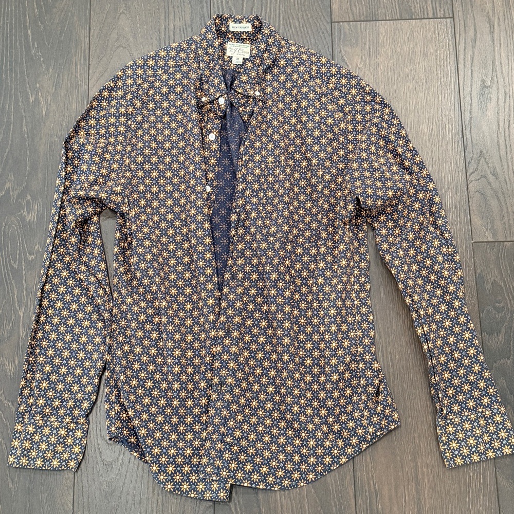J. Crew Navy and Yellow Patterned Button Down Shirt